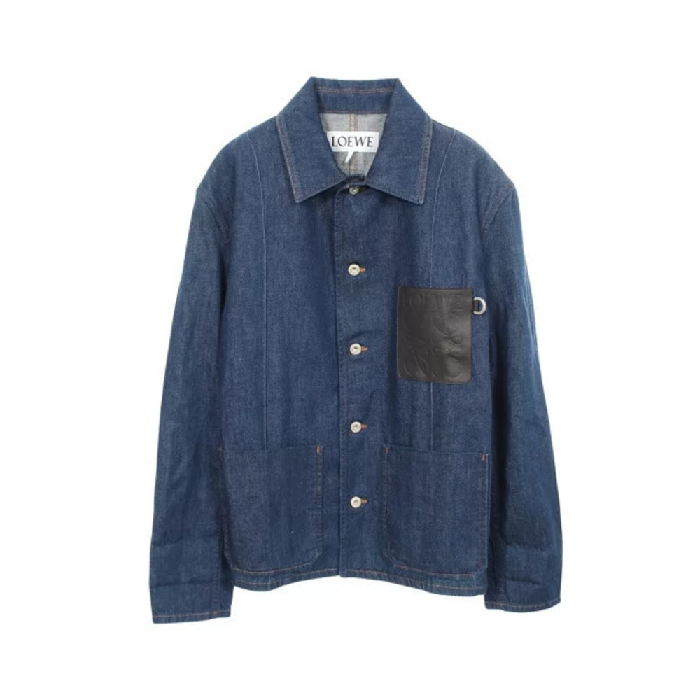 Loewe Anagram Leather Pocket Denim Jacket Clothing Outerwear Navy Blue
